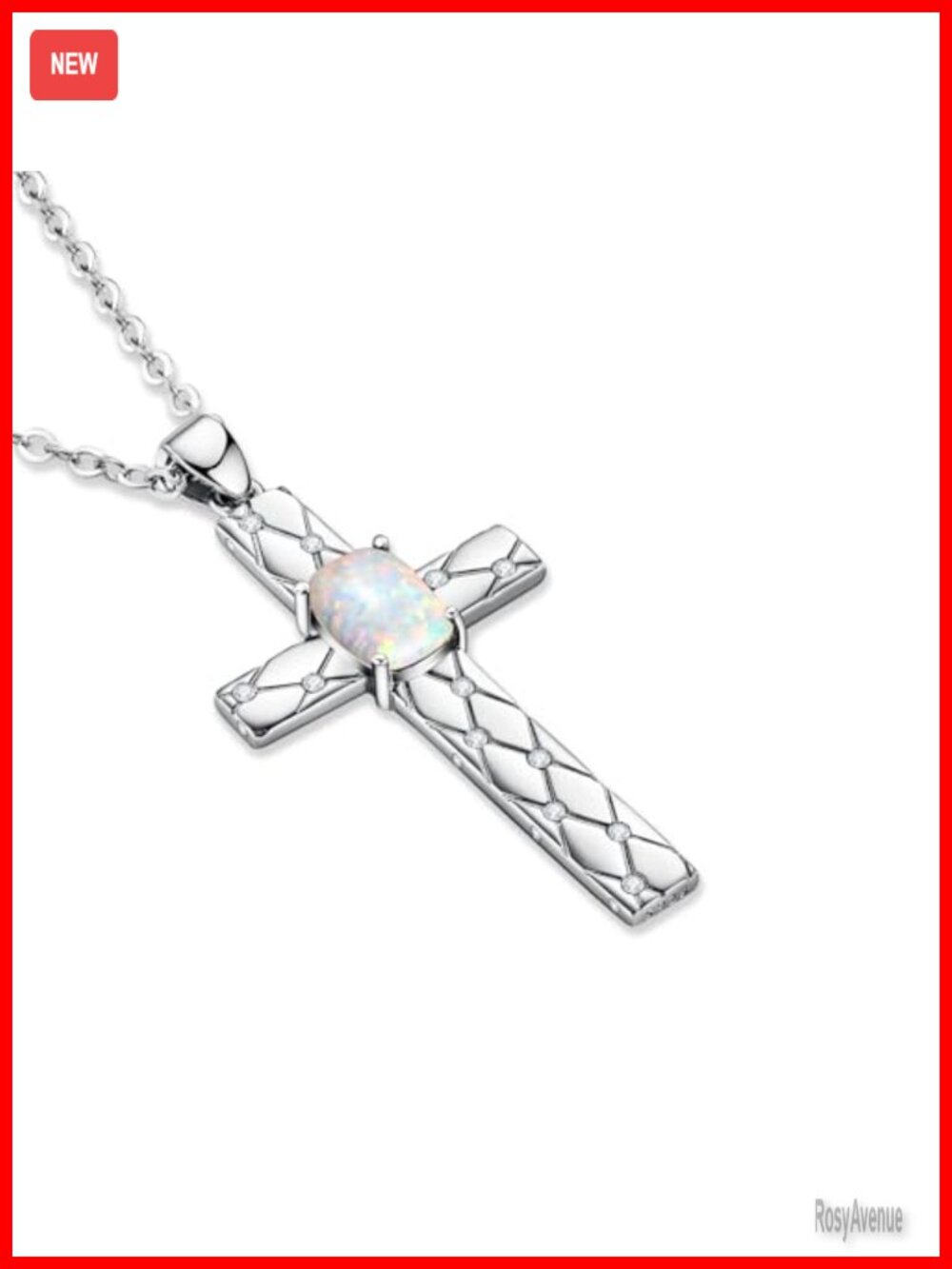 S925 Silver White Gold Filled Cross Birthstone Pendant Necklace Opal October